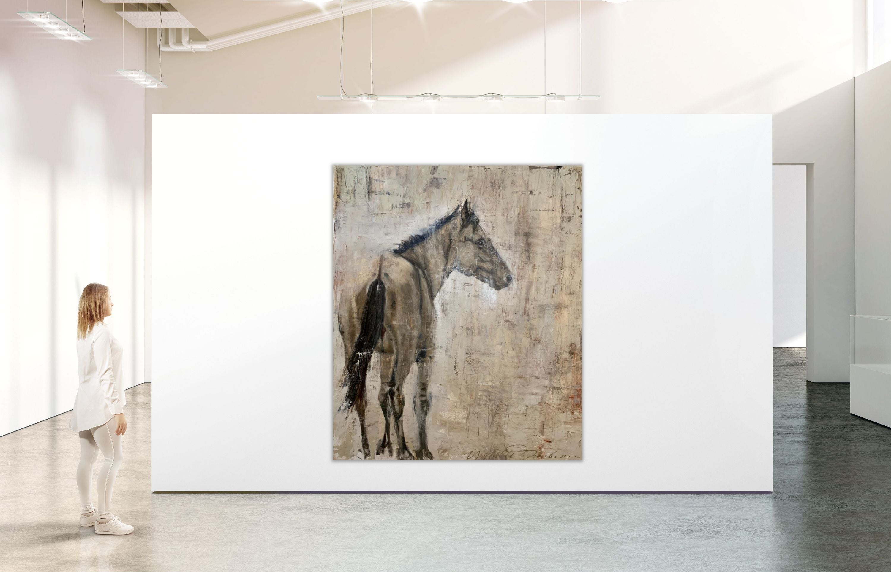 Solemn and stoic, the wild Kiger horse painted in subtle neutrals of warm tones of gray, umber, burnt umber and sienna. A showpiece for any wall in your home or office.