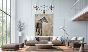 Solemn and stoic, the wild Kiger horse painted in subtle neutrals of warm tones of gray, umber, burnt umber and sienna. A showpiece for any wall in your home or office.