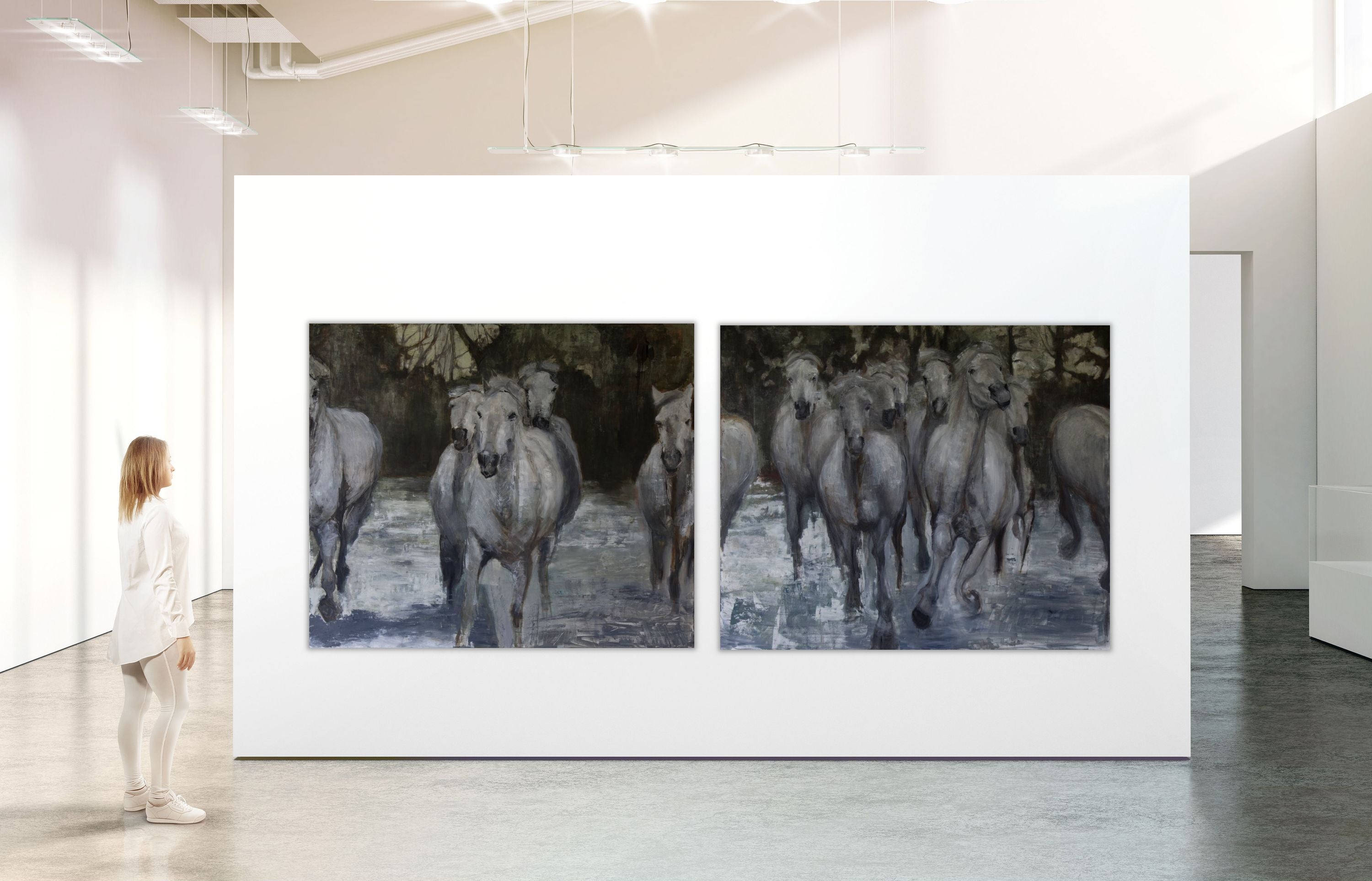 Energy in motion, the magnificent herd of white horses of the Camargue inspire beauty and loveliness. The artist named this painting Water Lilies I, a nod to Claude Monet's water lily paintings at Givenchy. Like the water lily, the Camargue horses are one with water, they belong on its banks or frolicking about. The artist, enamored by the energy as they galloped and splashed towards her felt their gentle spirits and captured it here in Water Lilies I. Water Lilies II is a the second half of the diptych. 